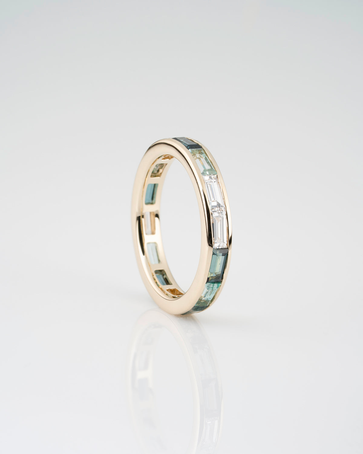 Channel Set Eternity Band in Sapphire, Diamond, Moss Agate, and Beryl