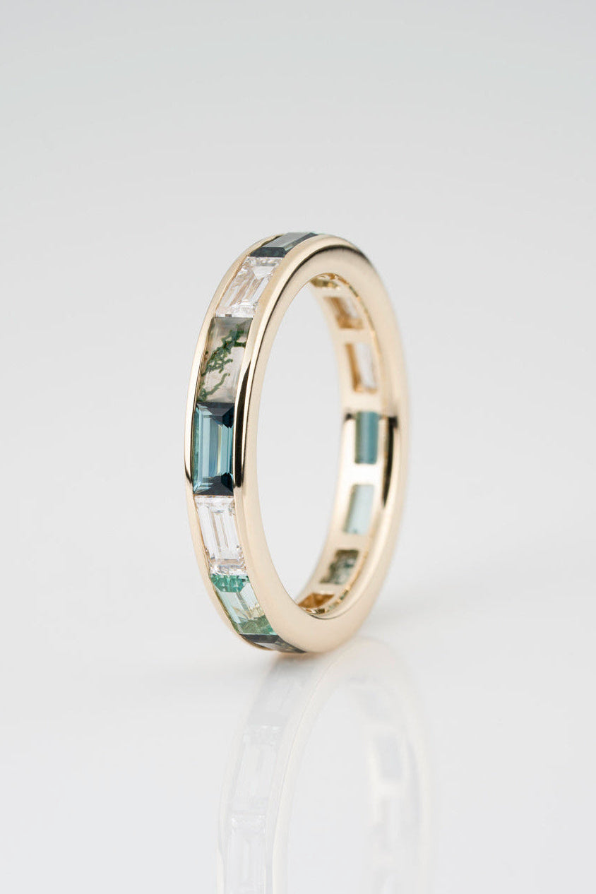 Channel Set Eternity Band in Sapphire, Diamond, Moss Agate, and Beryl