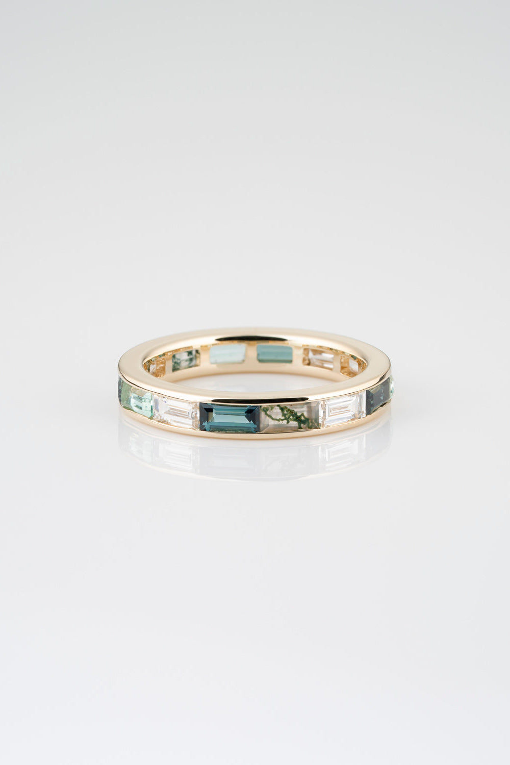 Channel Set Eternity Band in Sapphire, Diamond, Moss Agate, and Beryl
