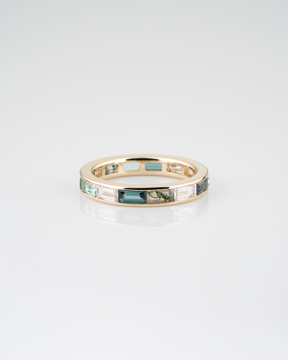 Channel Set Eternity Band in Sapphire, Diamond, Moss Agate, and Beryl