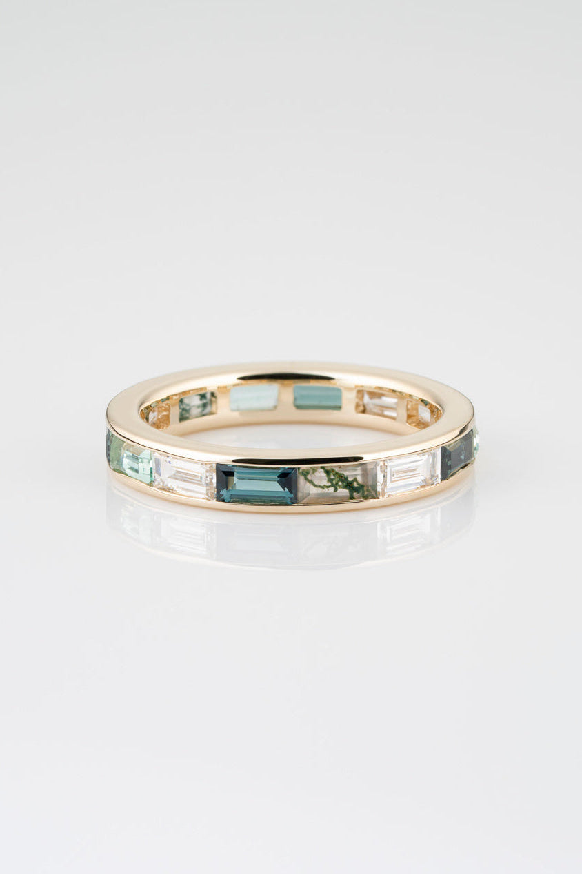 Channel Set Eternity Band in Sapphire, Diamond, Moss Agate, and Beryl